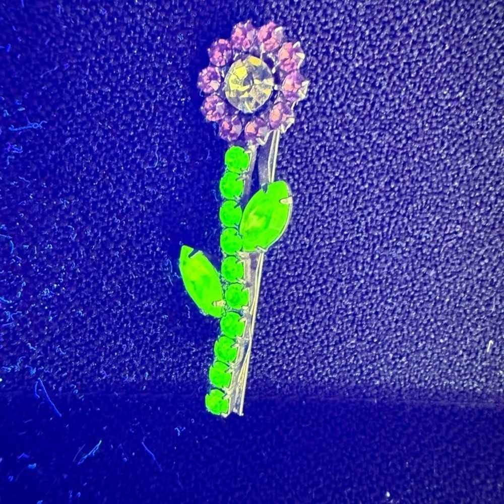 Vintage Uranium Glass Rhinestone Flower Hair Pin 2" Glows c. 1950s - 1960s